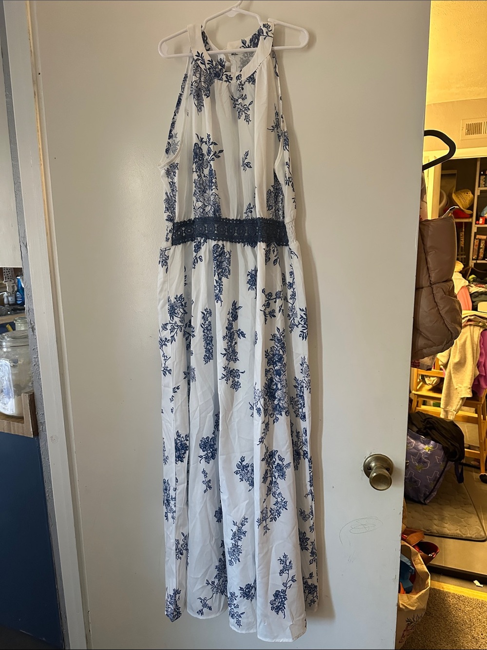 SHEIN White Maxi Dress with Blue Floral Print